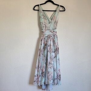 Floral V-Neck Dress with Open Cross Back  in Pastel Green